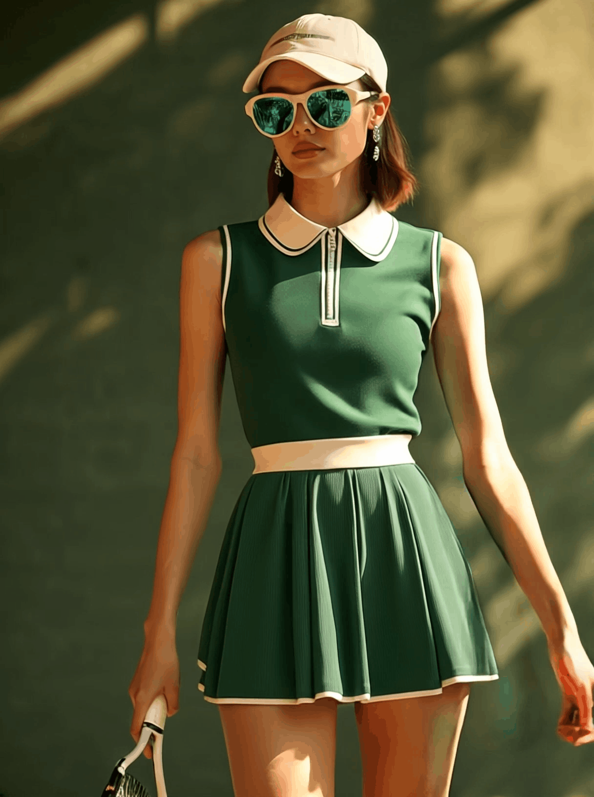 Robe Mini Sans Manches Verte à Col Polo avec Détails Blancs - Expédition Rapide en 24 Heures