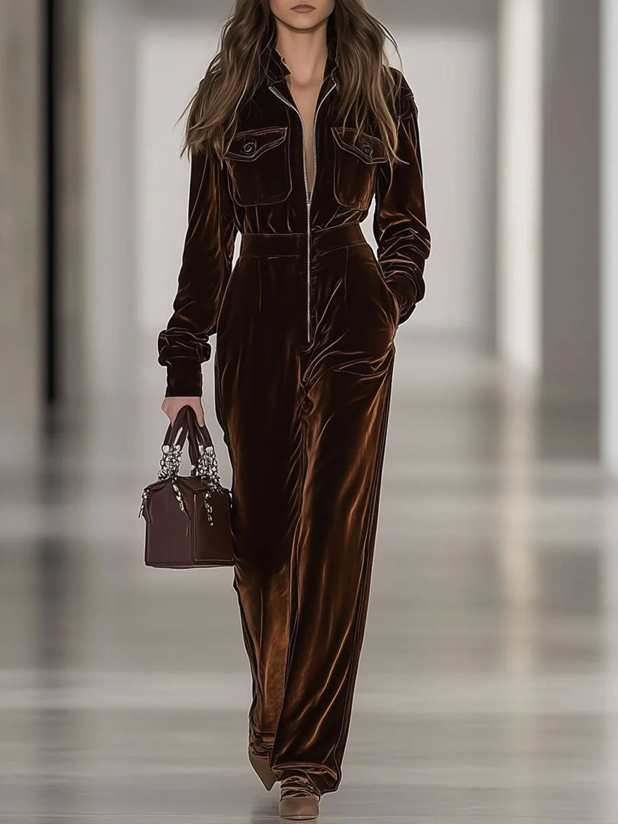 Combinaison Vintage en Velours Ample avec Poches Multiples et Fermeture Éclair - Expédition sous 24 heures