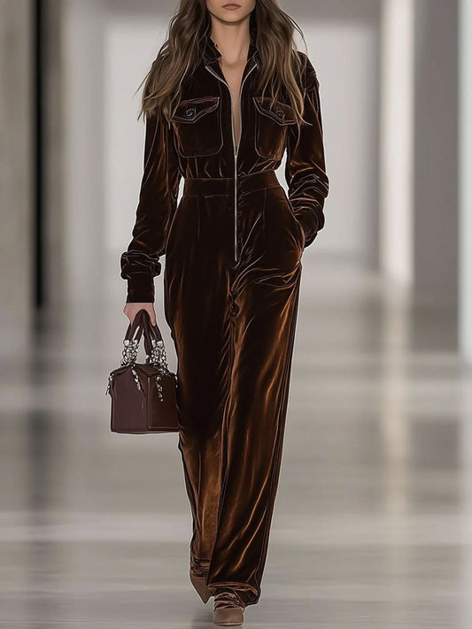 Combinaison Vintage en Velours Ample avec Poches Multiples et Fermeture Éclair - Expédition sous 24 heures