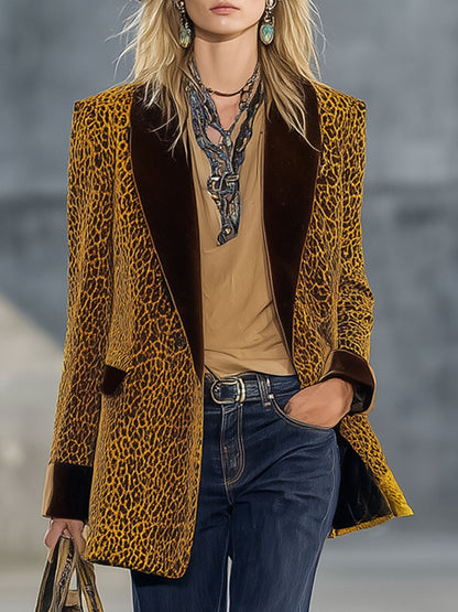 Veste en velours décontractée avec imprimé léopard doré vintage