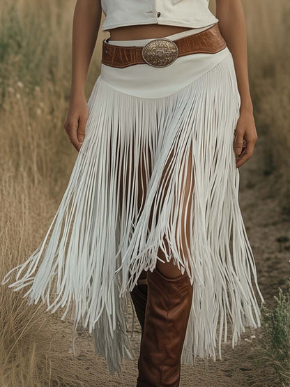Jupe en Suède Blanc à Franges avec Ceinture Marron - Livraison en 24 Heures, Style Rétro Premium