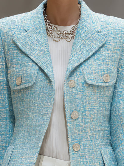 Veste en Tweed Bleu Élégante avec Poches à Boutons Argentés