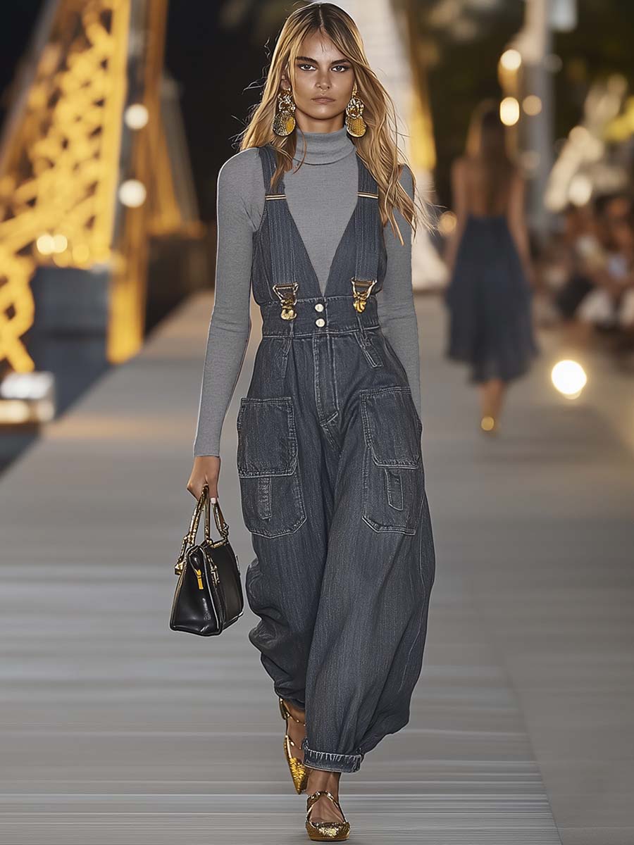 【Expédition rapide en 24h】Salopette en denim décontractée à décolleté en V - Tendance et stylée !
