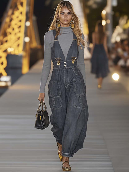【Expédition rapide en 24h】Salopette en denim décontractée à décolleté en V - Tendance et stylée !