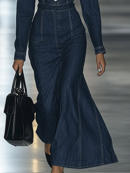 Robe Maxi en Denim Vintage à Lacets - Manches Longues & Coupe Slim Décontractée, Expédition en 24 Heures !