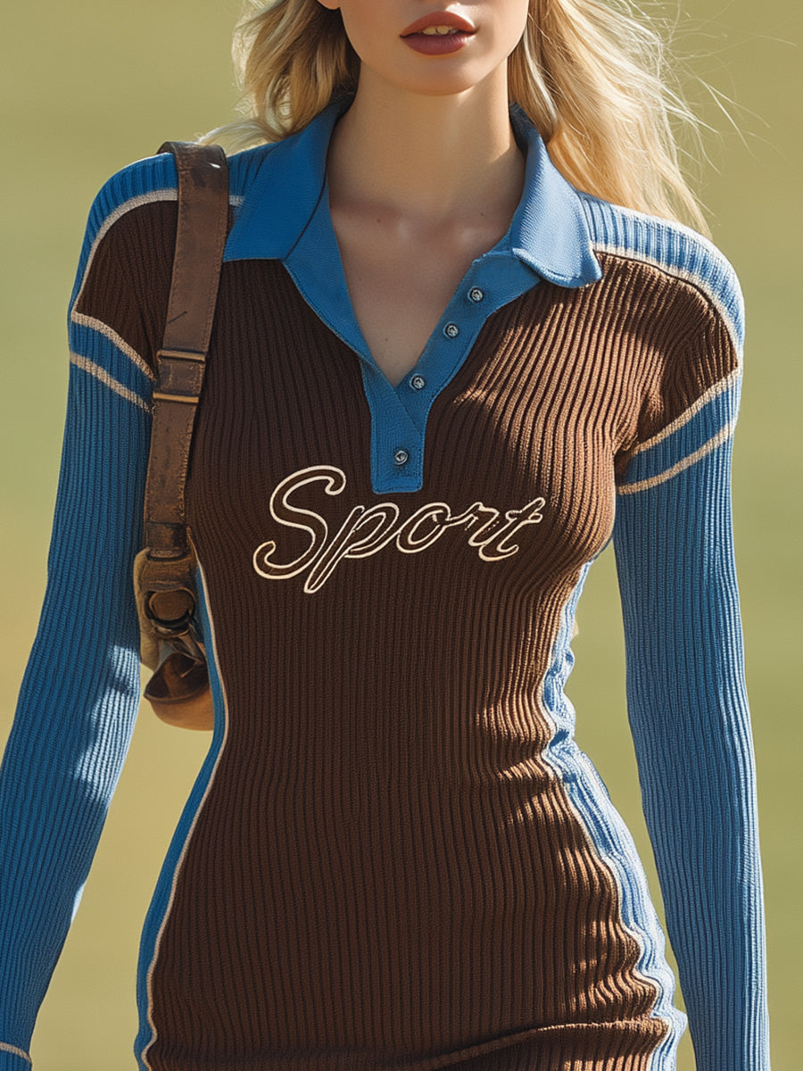 Robe Mini Tricotée à Col Polo avec Détails en Bleu et Marron