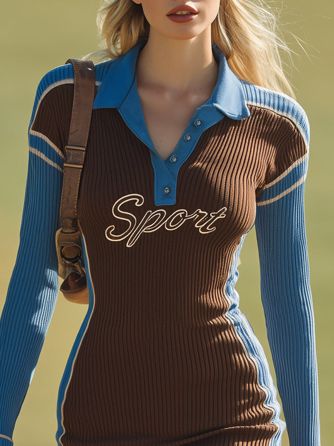Robe Mini Tricotée Marron à Col Polo avec Détails Bleus