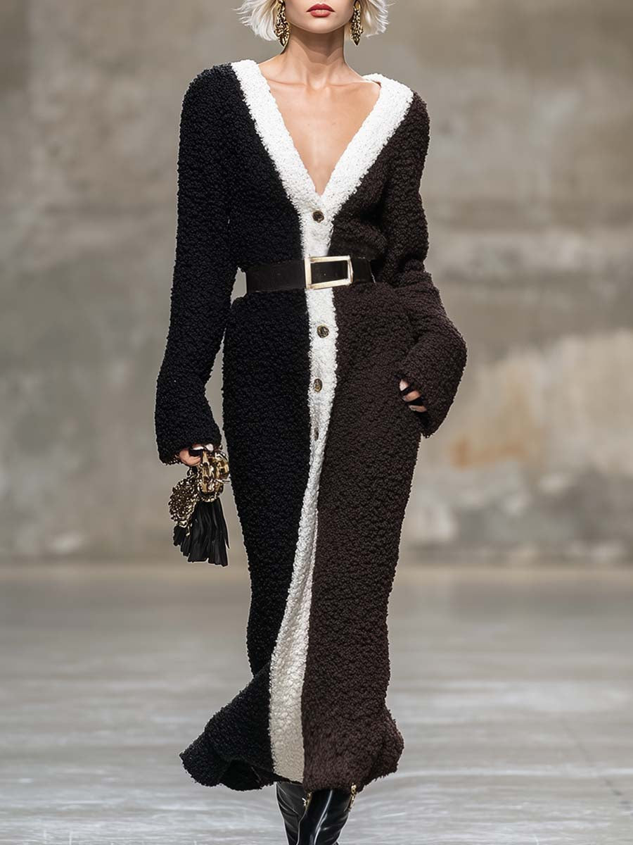 Robe Maxi en Fleece Polaire Chocolat avec Décolleté en V et Fermeture à Boucle