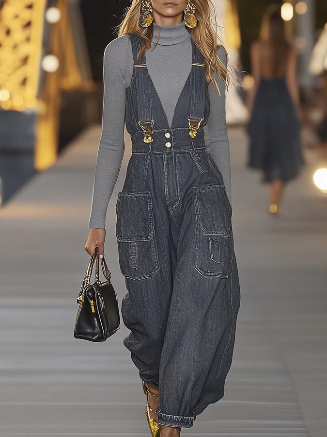 Expédition rapide en 24 heures : Salopette en denim décontractée avec décolleté en V
