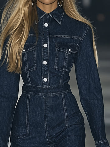 Robe Maxi Vintage en Denim à Lacets - Manches Longues, Style Slim Décontracté - Expédition Rapide sous 24 Heures