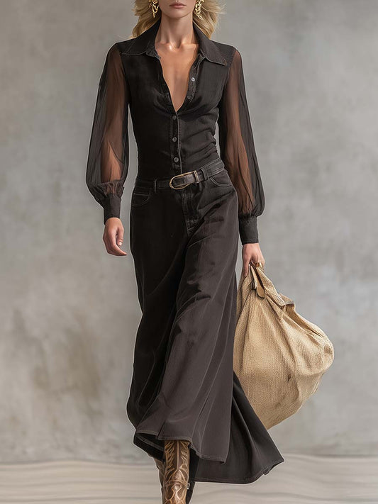 Robe Maxi en Denim Noir Transparent à Manches Longues et Décolleté en V avec Détails Boutonnés Vintage
