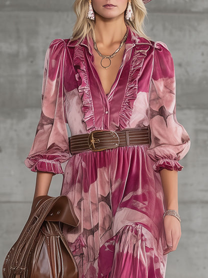 Robe Maxi en Velours Rose avec Imprimé de Cerf Sika - Élégance Rétro au Style Nomade Urbain