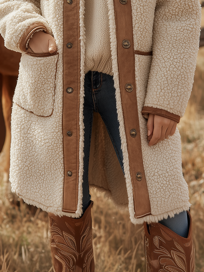 Veste Sherpa Vintage à Col Revers de Style Western