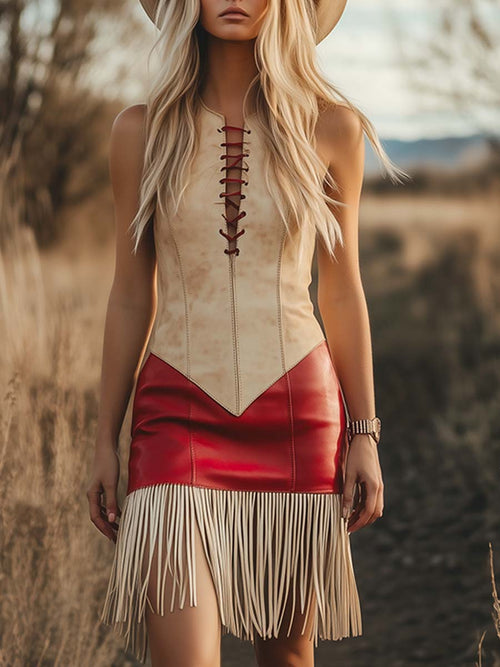 【Expédition Rapide en 24h】Robe Mini Élégante Sans Manches au Style Western Rétro avec Franges Contrastées