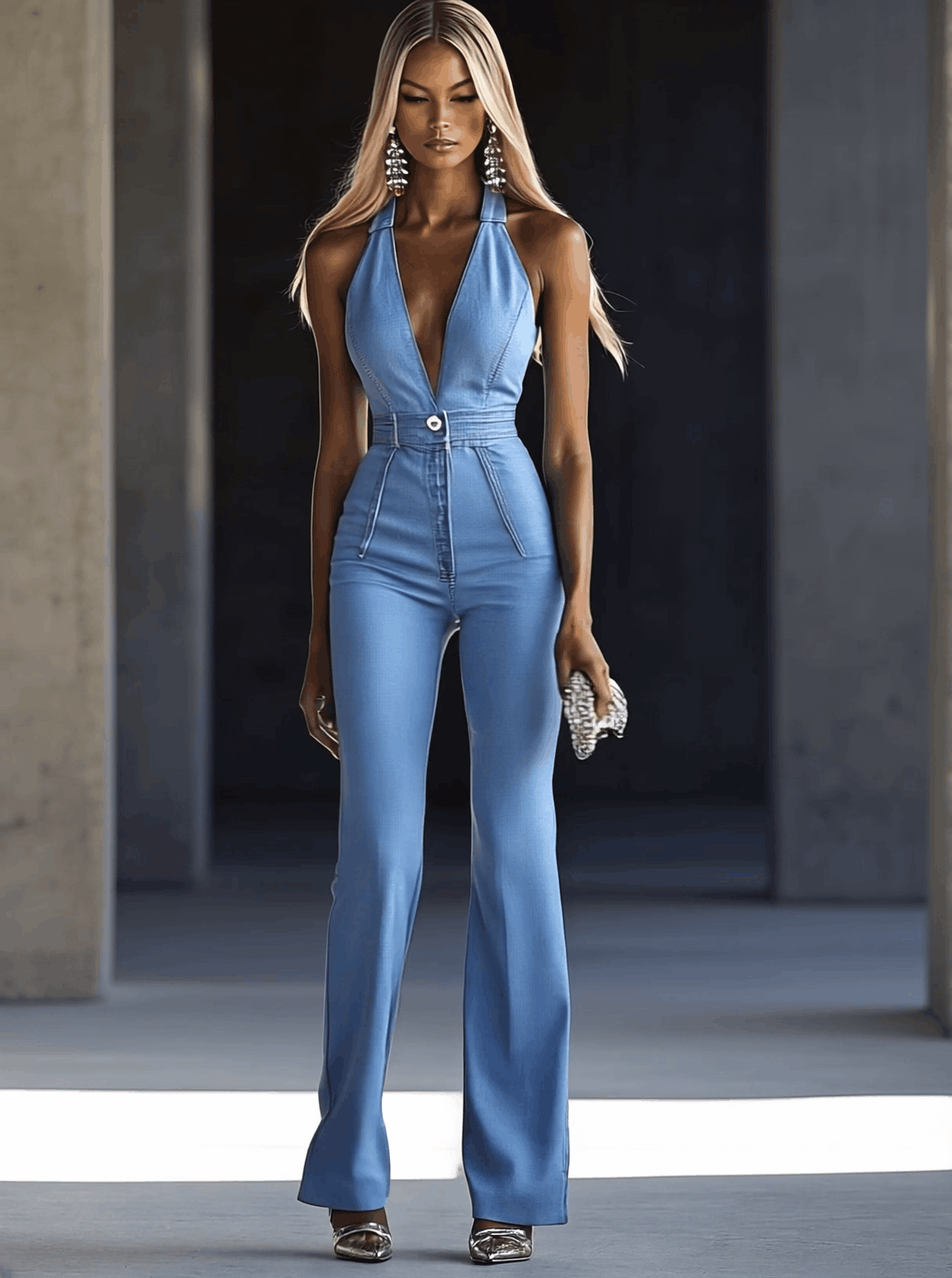 Expédition rapide sous 24 heures : Salopette sans manches en denim bleu clair à col en V, chic et intemporelle