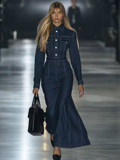 Robe Maxi en Denim Vintage à Lacets - Manches Longues & Coupe Slim Décontractée, Expédition en 24 Heures !