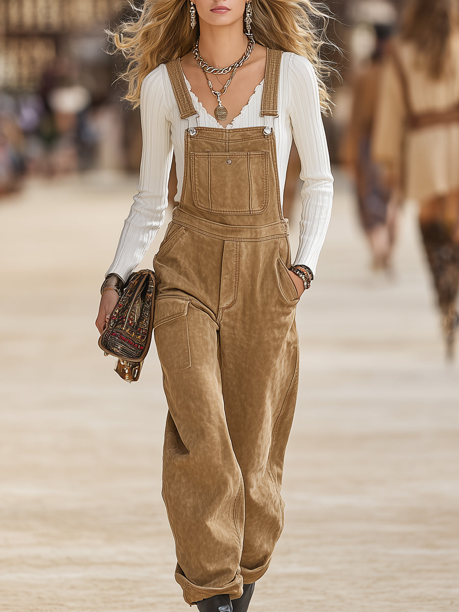 Vintage Western Brown Casual Overalls