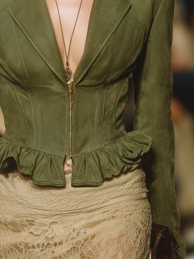 Veste courte zippée à volants - Style rétro western en vert armée décontracté