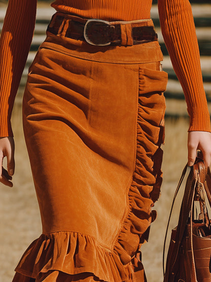 Jupe en Suédine Orange à Volants – Chic Rétro Western