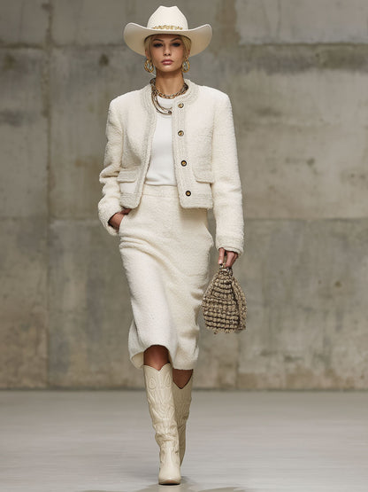 Ensemble Polaire Chic : Veste à Col Rond et Jupe Coordonnée