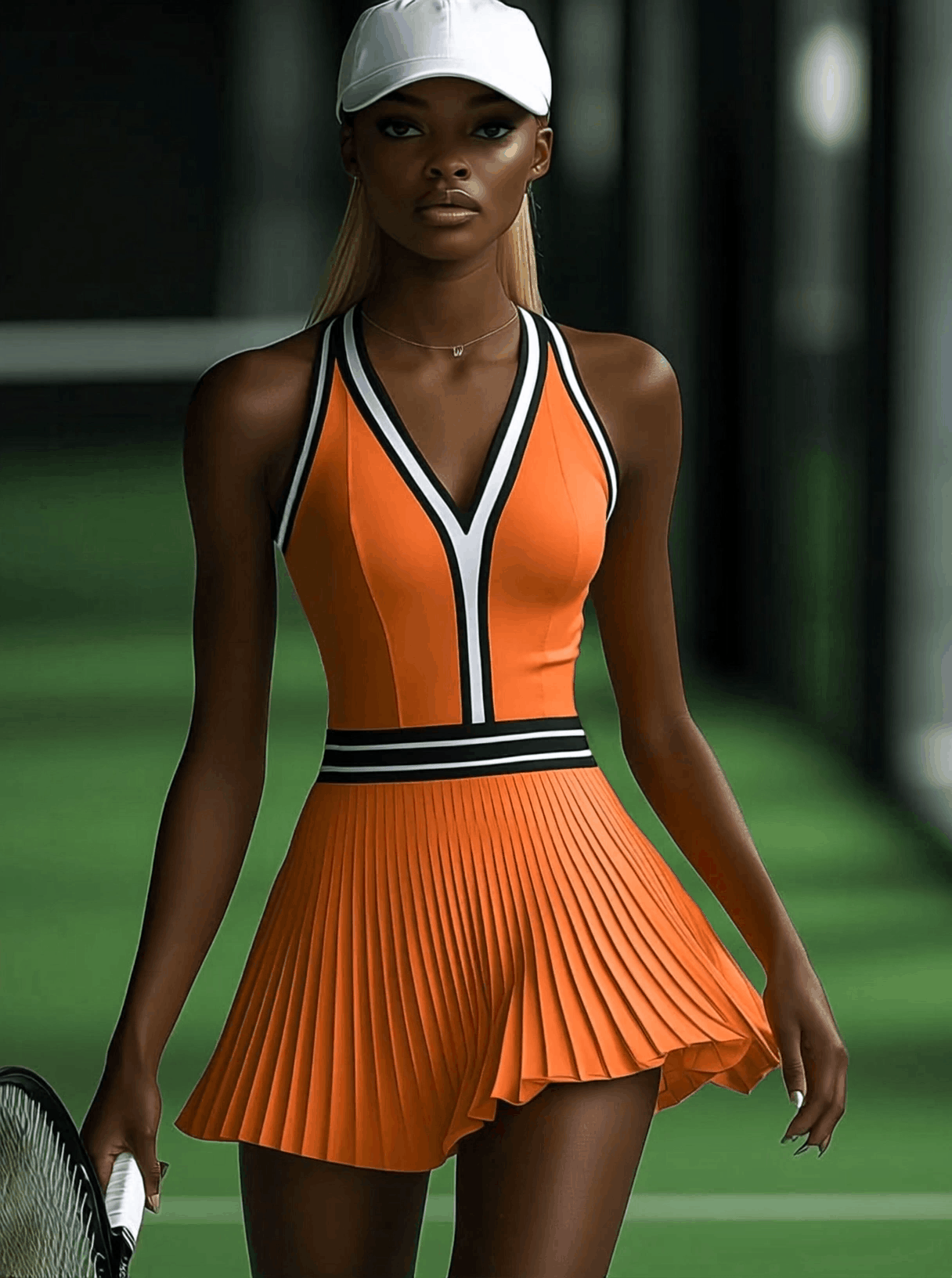 Robe Mini Plissée Sans Manches Orange à Rayures Noires et Blanches - Expédition Rapide en 24 Heures!