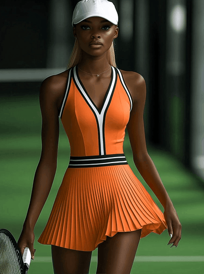 Robe Mini Plissée Orange Sans Manches avec Détails Noirs et Blancs - Expédition en 24 Heures