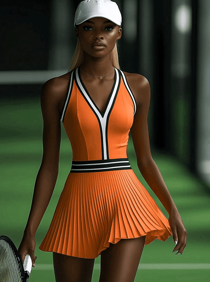Robe Mini Plissée Orange Sans Manches avec Détails Noirs et Blancs - Expédition en 24 Heures