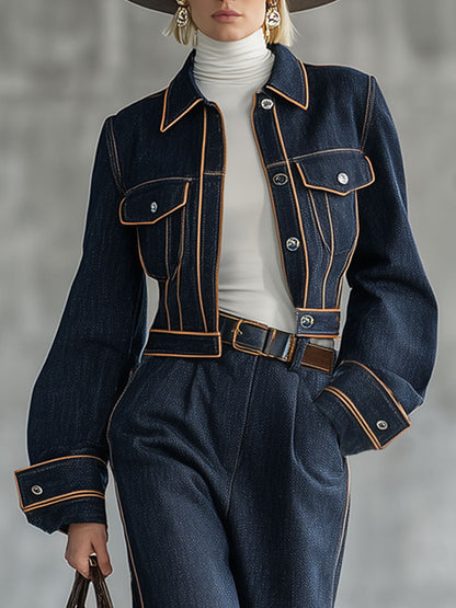 Ensemble Décontracté en Jean Navy avec Surpiqûres Rétro et Pantalon Court