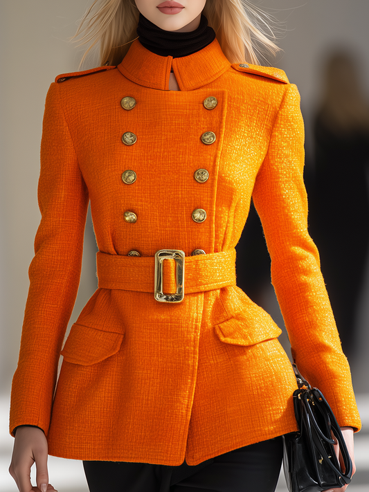 Veste Vintage en Tweed à Col Montant et Double Boutonnage