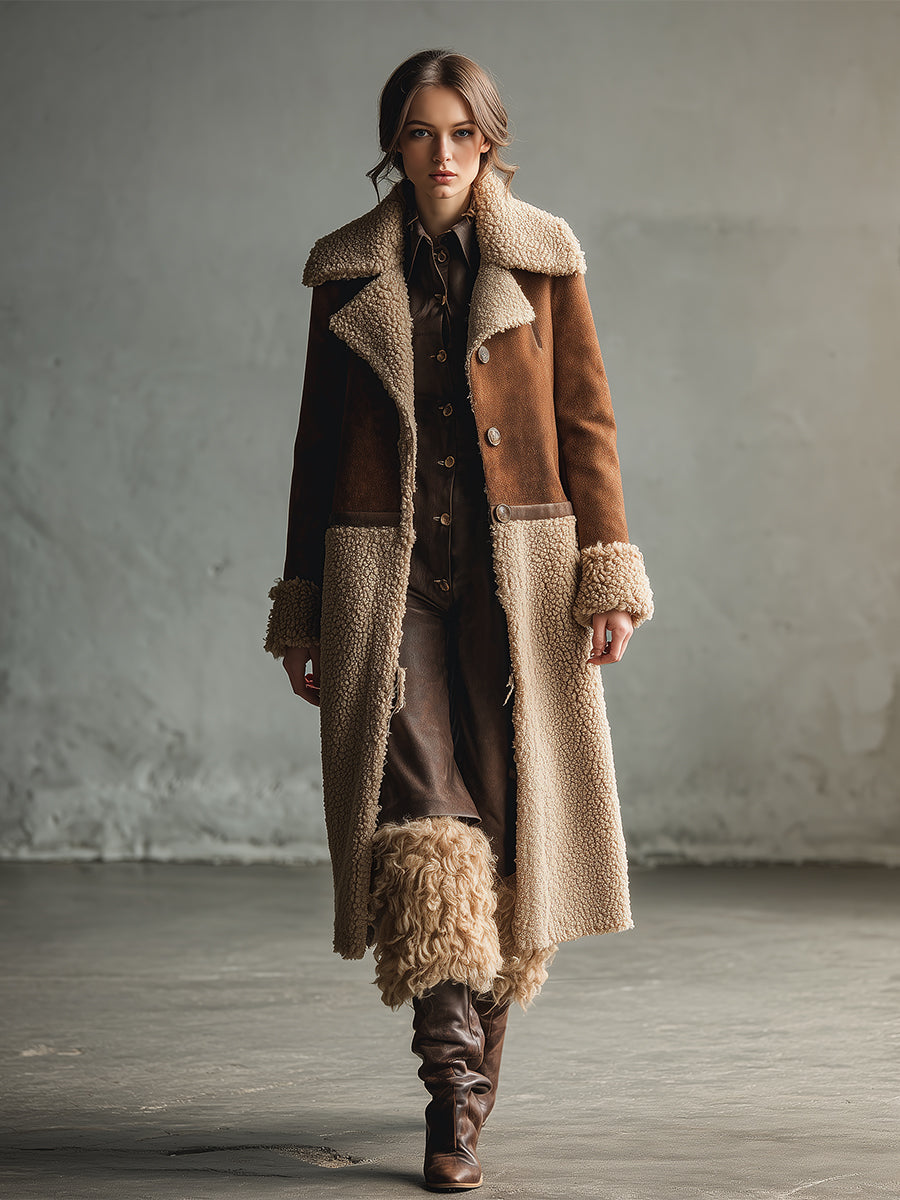 Veste mi-longue en faux suède marron au style western rétro, doublée en polaire