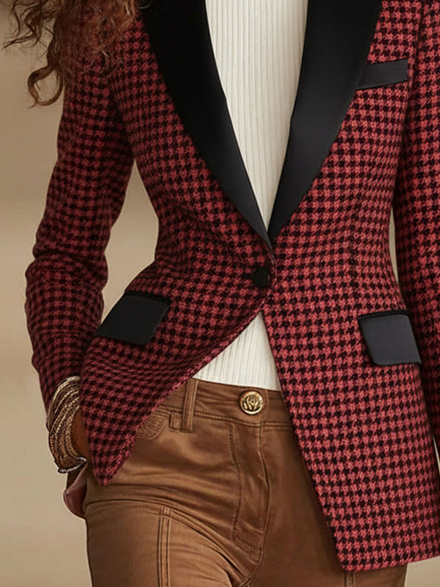 Blazer Décontracté à Carreaux avec Revers et Bouton Unique