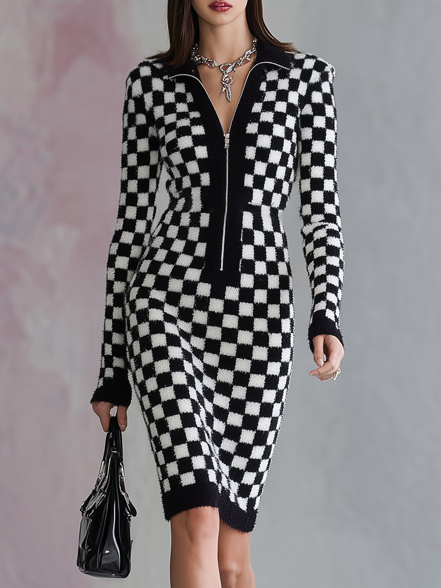 Chic Midi Robe Zippée en Mohair à Motif Carreaux Noir et Blanc