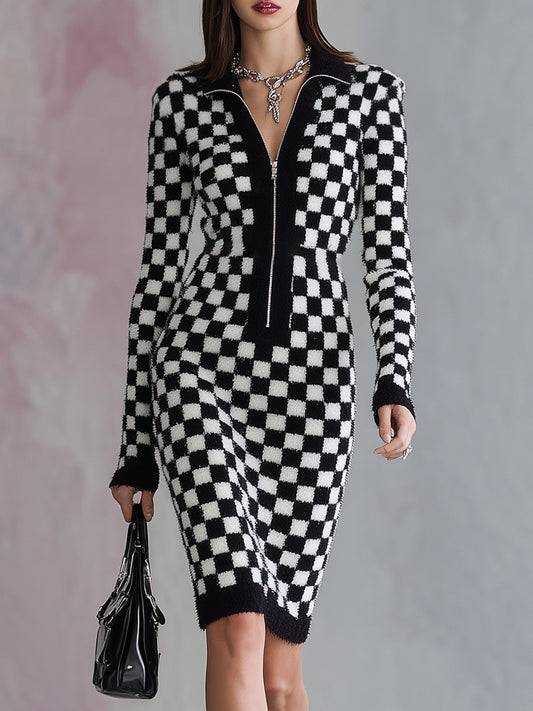 Chic Midi Robe Zippée en Mohair à Carreaux Noir et Blanc