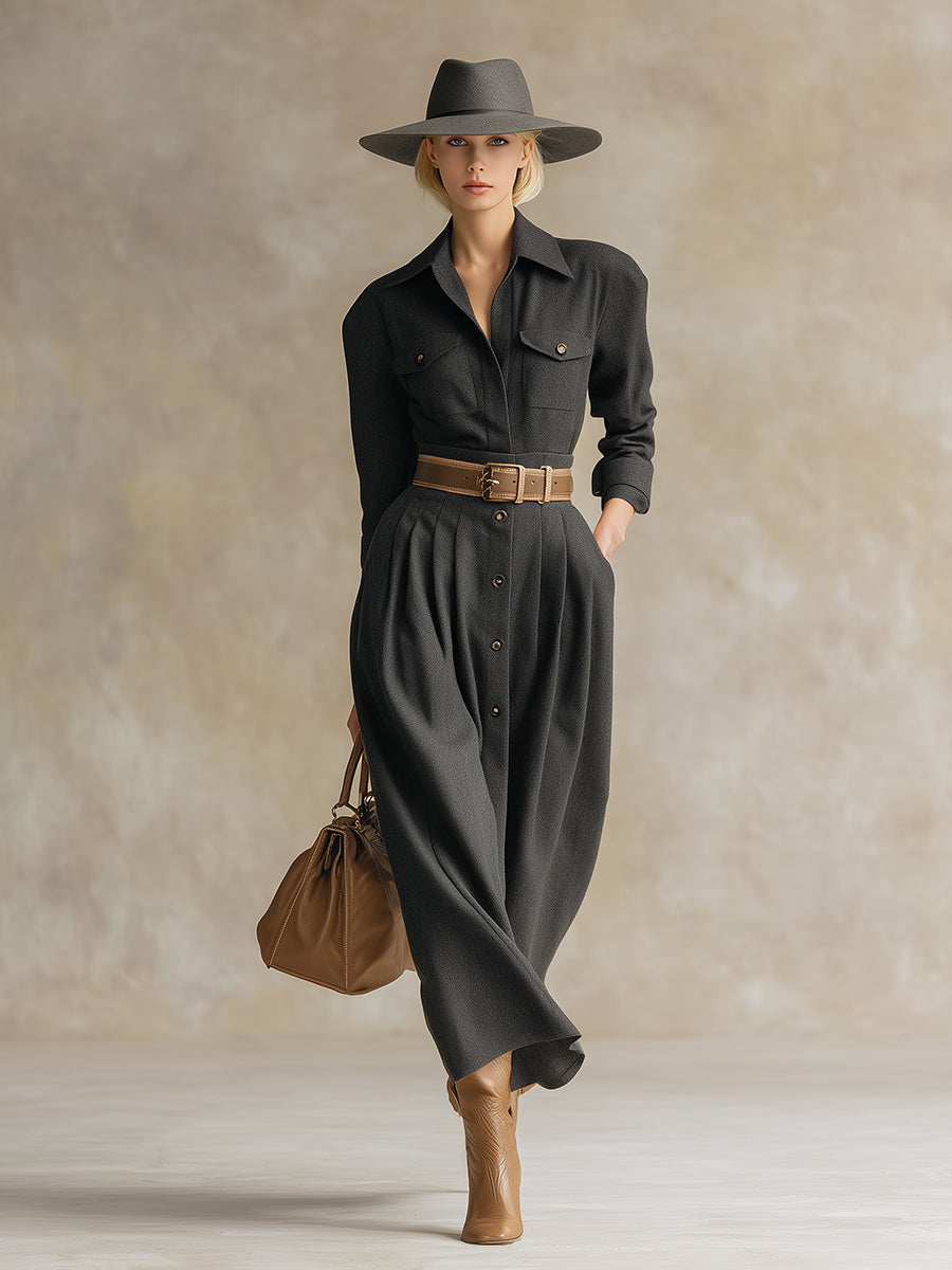 Robe Maxi Élégante en Laine Grise avec Col et Ceinture - Luxe à Chaque Détail