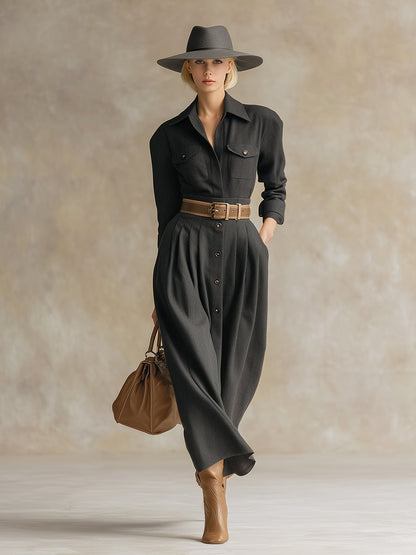 Robe Maxi Élégante en Laine Grise avec Col et Ceinture - Luxe à Chaque Détail