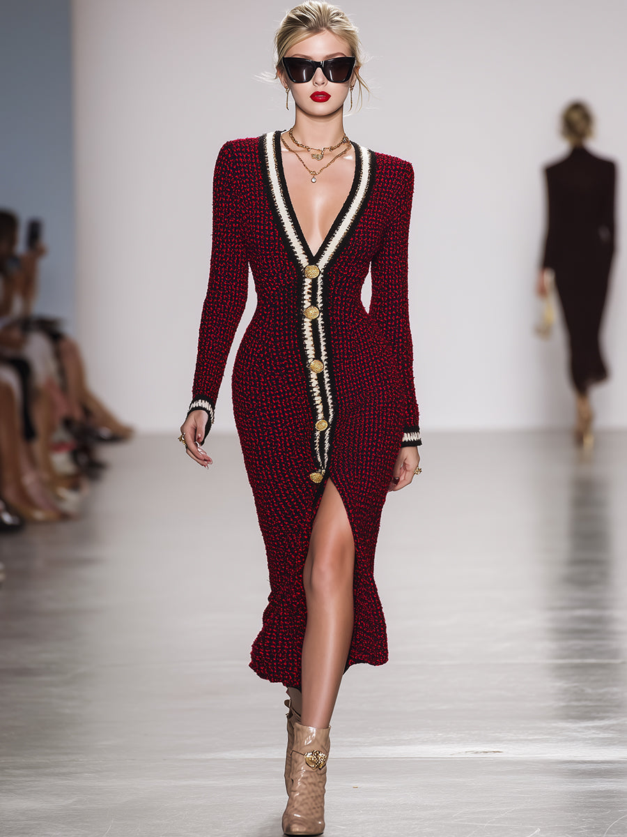 Robe Maxi Tricotée V-Cou Boutonnée Rouge et Noir - Style Rétro Élégant