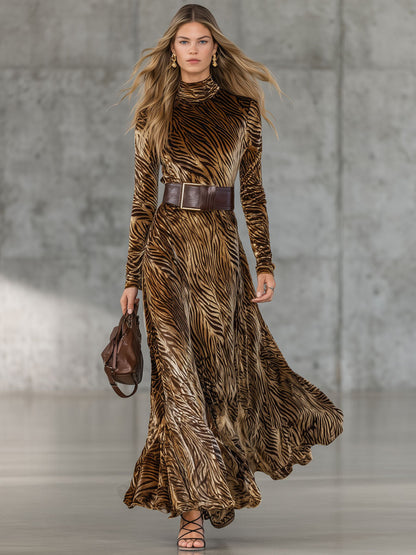Robe Maxi Velours Doré Imprimé Zèbre avec Lacets - Style Western Rétro