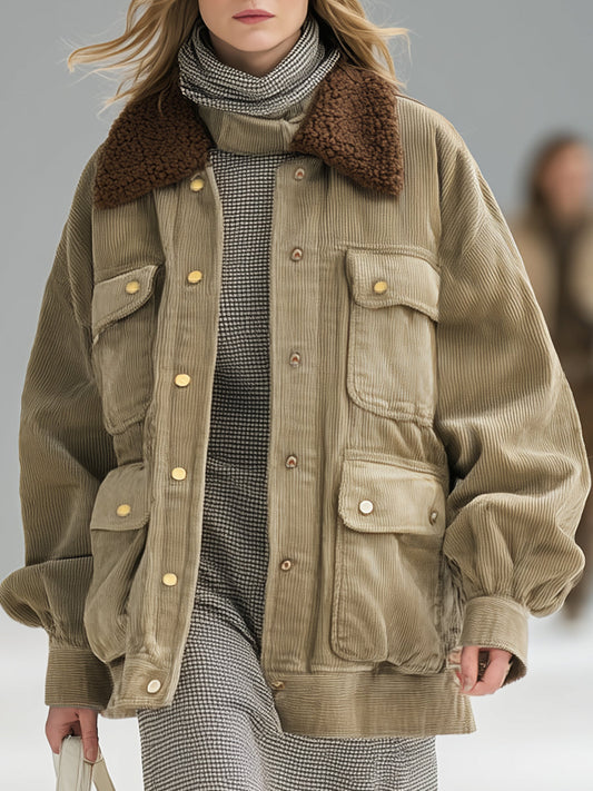Veste Vintage en Velours Côtelé Marron avec Col en Laine d'Agneau Kaki et Poches Pratiques