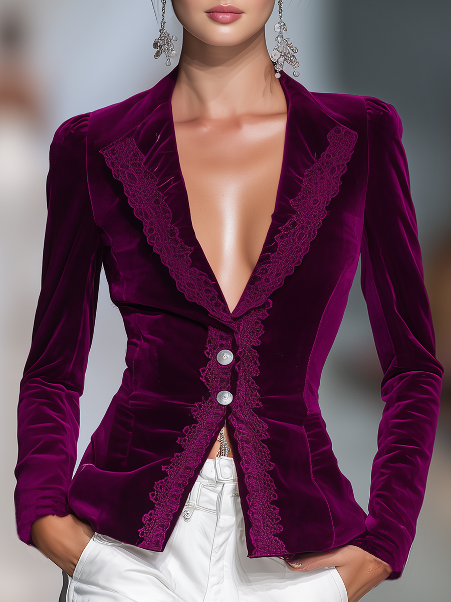 Veste Vintage en Velours Élégante avec Détails en Dentelle