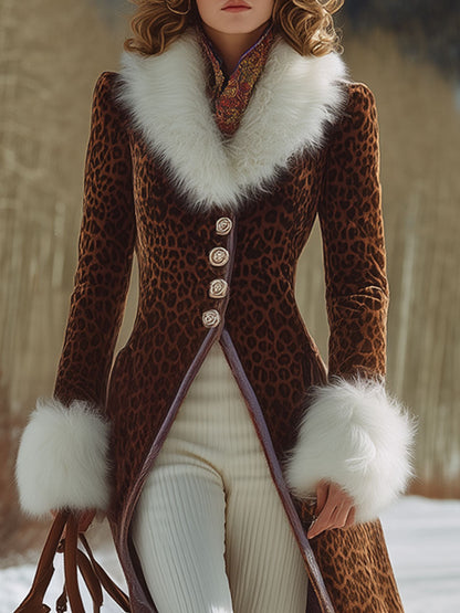Veste Longue en Velours Léopard Marron avec Col en Fourrure Synthétique au Style Rétro