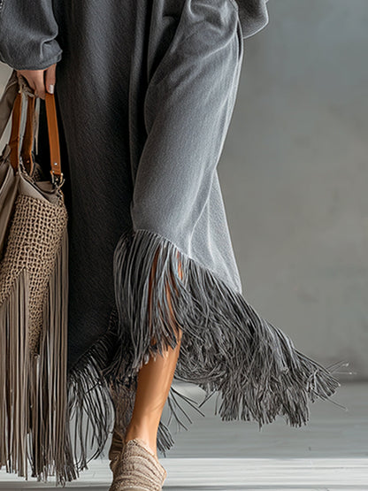 Élégante Robe Maxi Longue en Denim Gris à Manches Longues et Franges