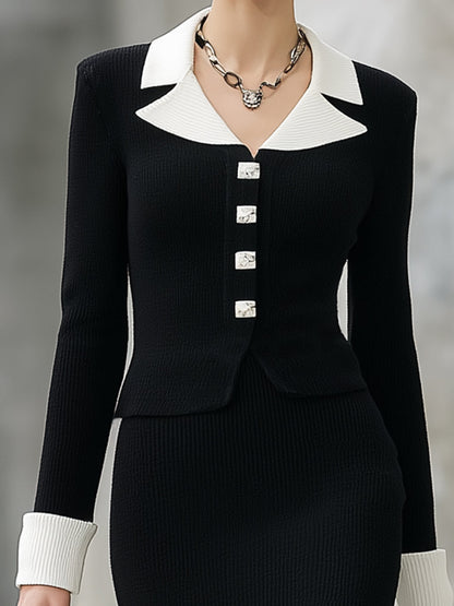 Trendy Noir Knit Cardigan and Buttoned White Skirt Set