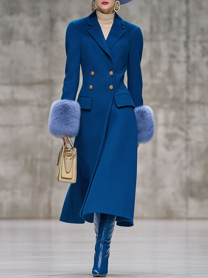 Élégant Manteau Bleu en Laine avec Manches en Velours Chic