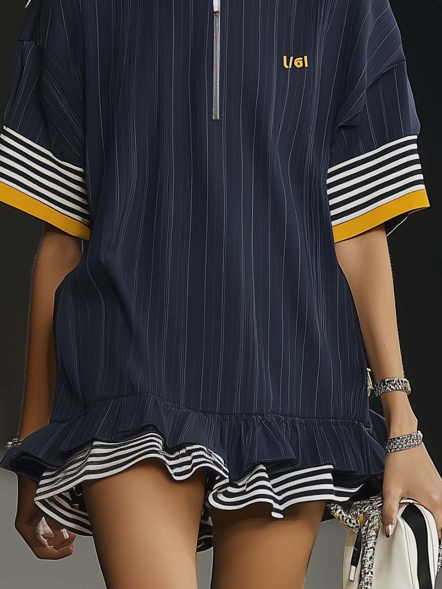 Robe Hoodie Ultra-Large à Zip - Mini Style Décontracté avec Manches Courtes et Ourlet Volanté en Bleu Marine - Expédition Rapide sous 24h