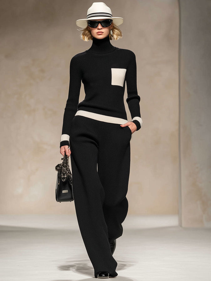 Ensemble Tricoté Élégant : Pull Col Roulé Contrasté et Pantalons Amples