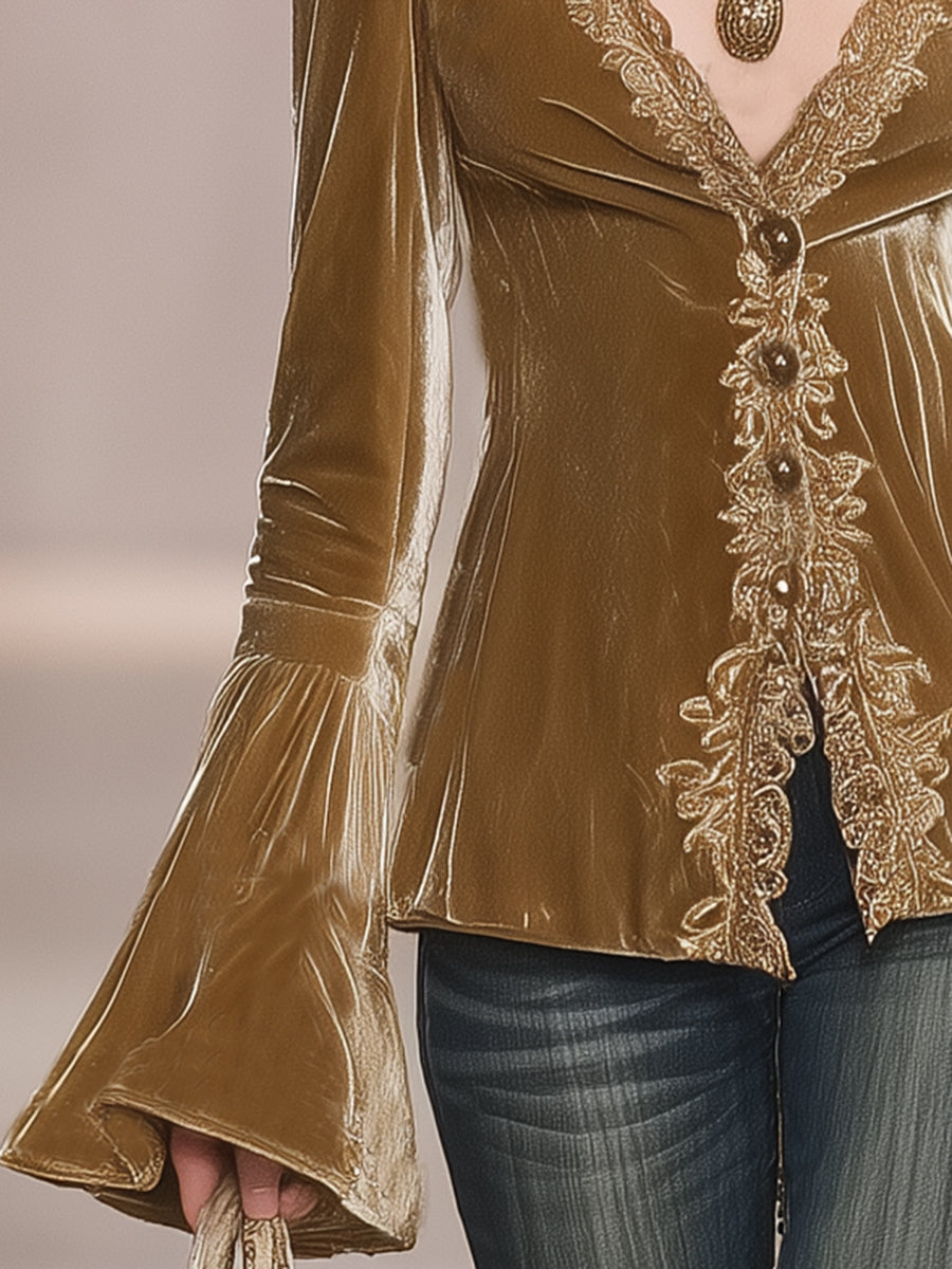 Éblouissante Blouse en Velours Doré à Manches Trompette Vintage