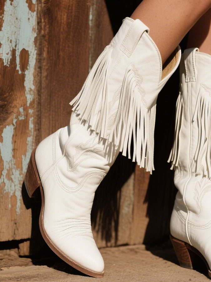 Bottes de cowboy en cuir brodées avec franges pour femmes