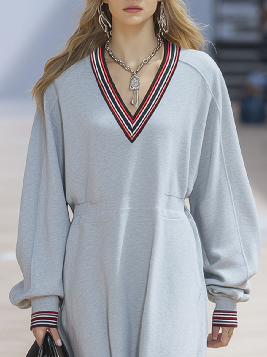 Robe Midi Décontractée Rayée Gris Clair à Manches Longues