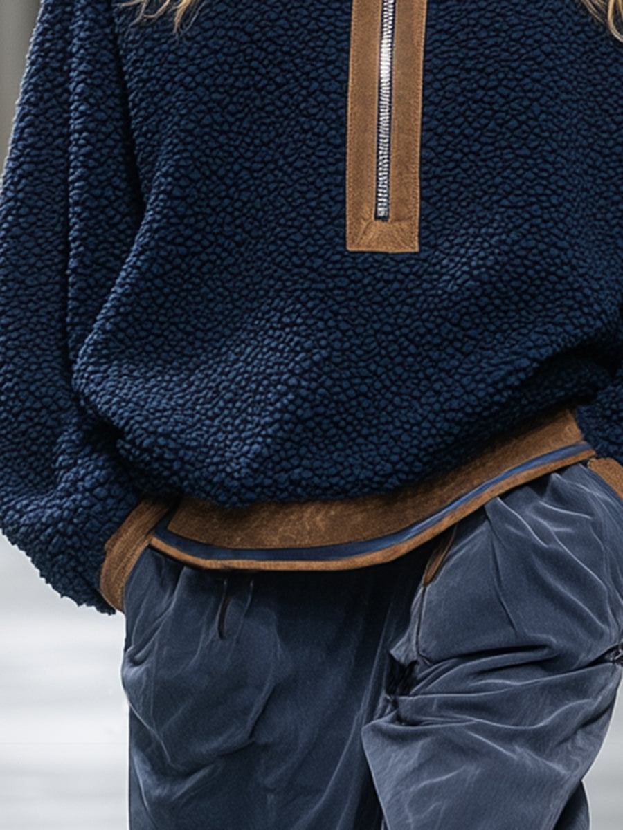 Pull Fleece Teddy Bleu avec Détails Marron Rétro et Chic