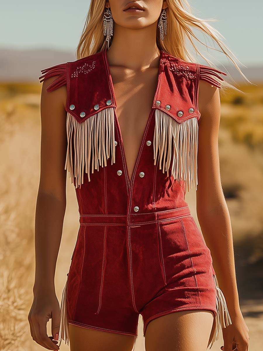 Expédition Rapide : Combinaison Rouge en Suède Style Cowboy avec Boutons Argentés et Franges Beiges